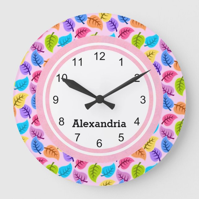 Cute Pink Leaf Print Large Clock (Front)