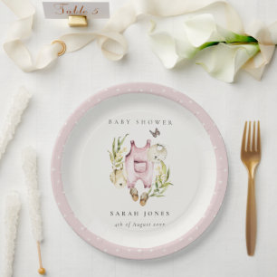 Cute Pink Leafy Foliage Boy Clothes Baby Shower Paper Plate