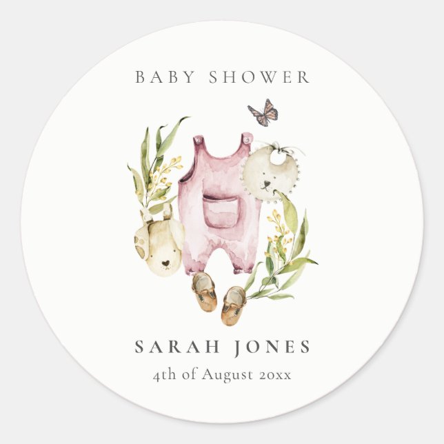 Cute Pink Leafy Foliage Girl Clothes Baby Shower Classic Round Sticker (Front)