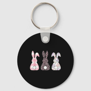 Cute Pink Leopard Plaid Flower Happy Easter Bunny Key Ring