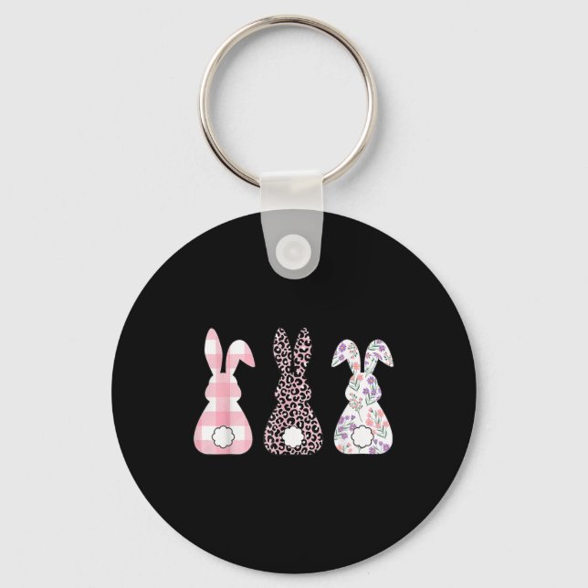 Cute Pink Leopard Plaid Flower Happy Easter Bunny  Key Ring (Front)