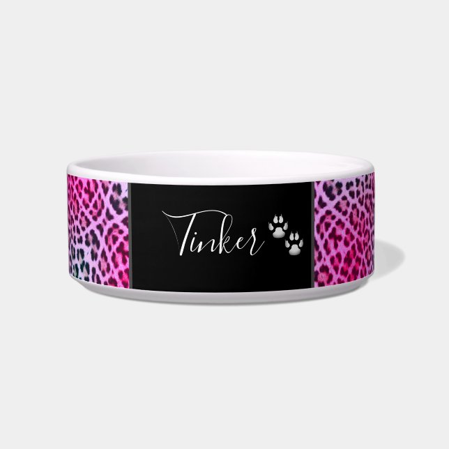 Cute Pink Leopard Print Personalised Pet  Bowl (Front)