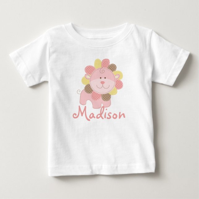 Cute Pink Lion Safari Jungle Personalised Birthday Baby T-Shirt (Front)