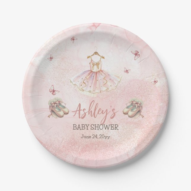 Cute Pink Little Ballerina Tutu Girl Baby Shower Paper Plate (Front)
