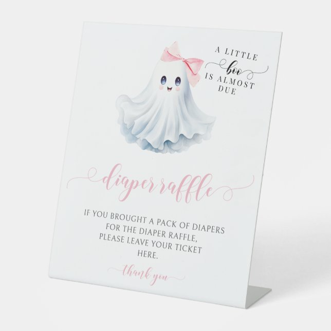 Cute Pink Little Boo Bow Baby Shower Diaper Raffle Pedestal Sign (Front)