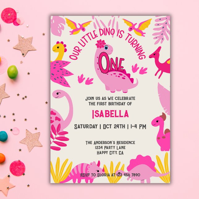 Cute Pink Little Dinosaur Girls 1st Birthday     Invitation (Creator Uploaded)