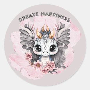 Cute Pink Little Dragon "Create Happiness"  Classic Round Sticker