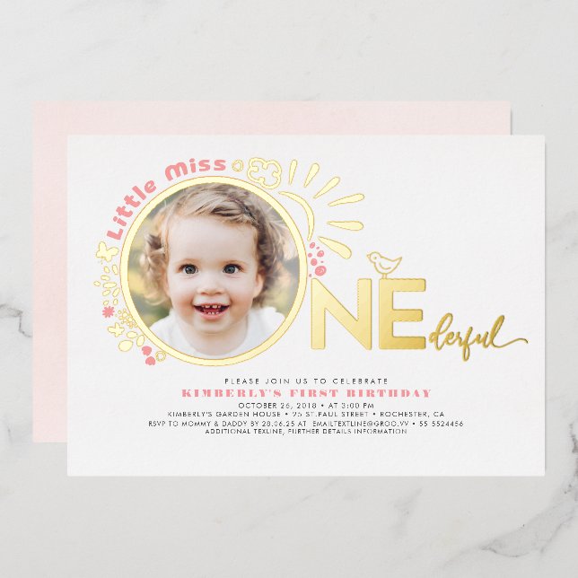 Cute Pink Little Miss Onederful 1st Birthday Photo (Front/Back)