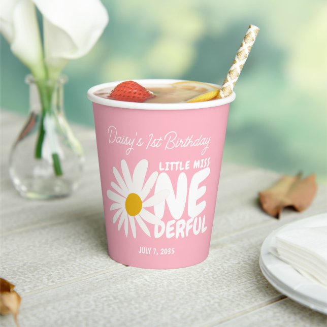 Cute Pink Little Miss ONEderful Daisy Birthday Paper Cups (Insitu)