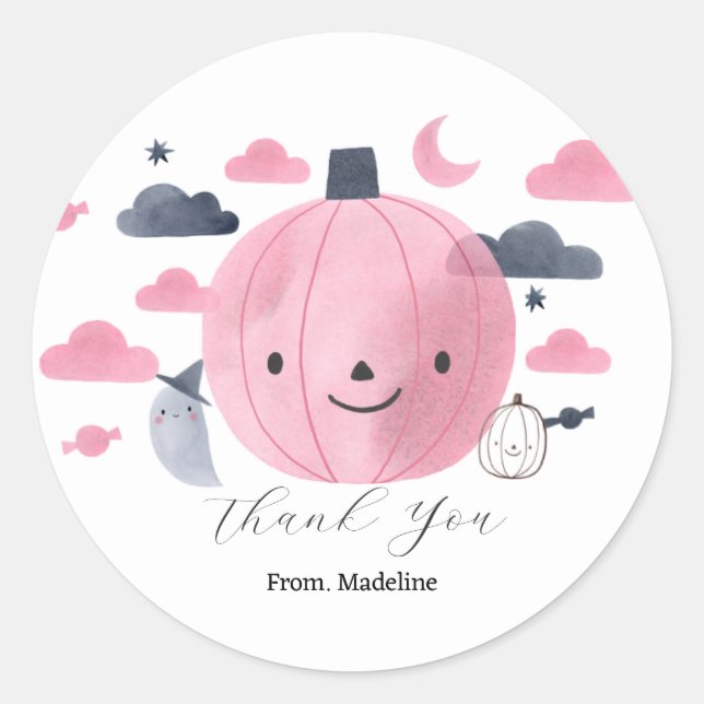 cute pink little pumkin birthday invitations  classic round sticker (Front)