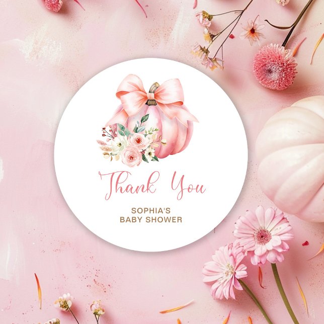 Cute Pink Little Pumpkins Baby Shower Thank You Classic Round Sticker (Creator Uploaded)
