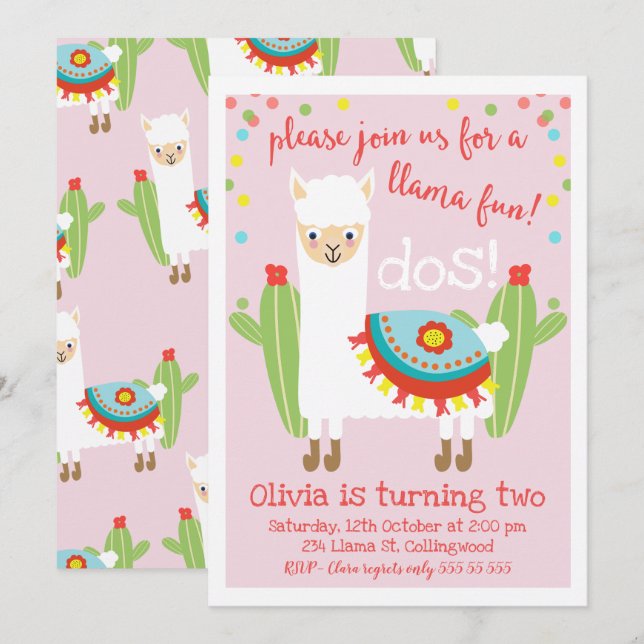 Cute Pink Llama Cactus Birthday Invitation (Front/Back)