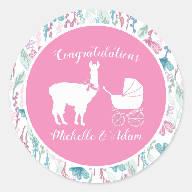 Cute Pink Llama Girl Baby Shower  Classic Round Sticker (Front)