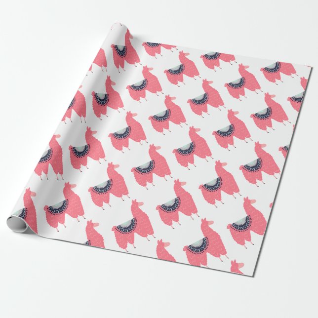 Cute Pink Llama Wrapping Paper (Unrolled)