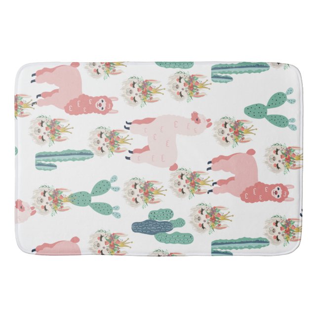 Cute Pink Llama's and Green Cactus Bath Mat (Front)