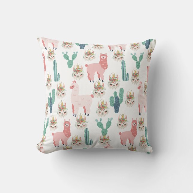 Cute Pink Llama's and Green Cactus Cushion (Front)