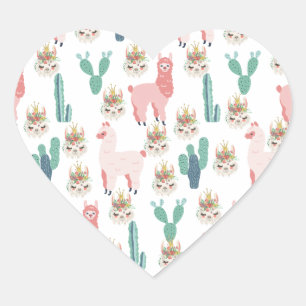 Cute Pink Llama's and Green Cactus  Heart Sticker