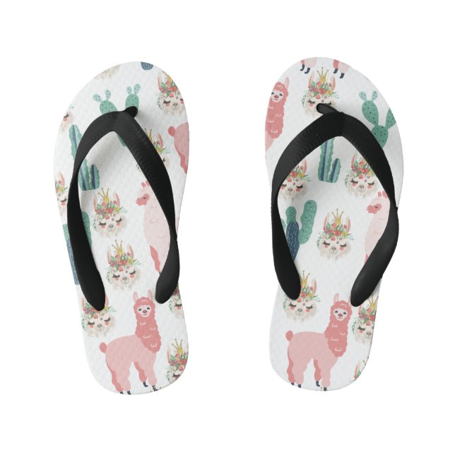Cute Pink Llama's and Green Cactus Kid's Jandals (Footbed)
