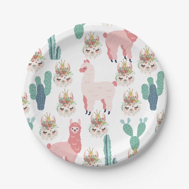 Cute Pink Llama's and Green Cactus  Paper Plate (Front)