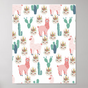 Cute Pink Llama's and Green Cactus Poster