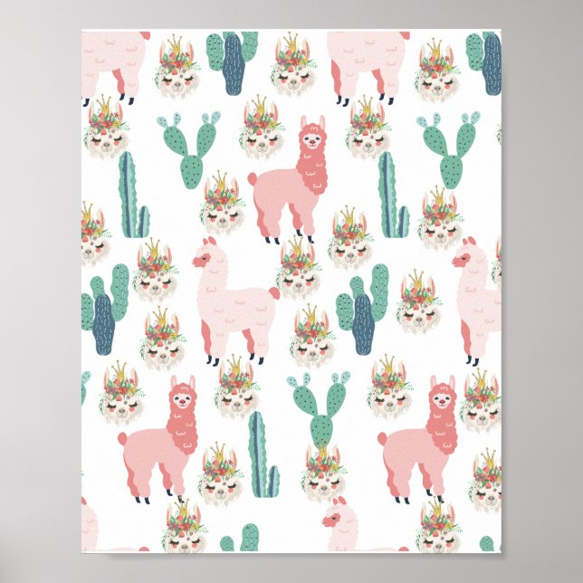 Cute Pink Llama's and Green Cactus Poster (Front)