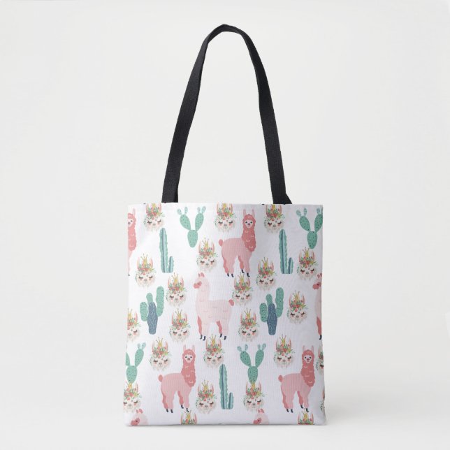 Cute Pink Llama's and Green Cactus Tote Bag (Front)