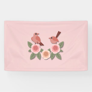 Cute Pink Love Birds and Flowering Roses Banner