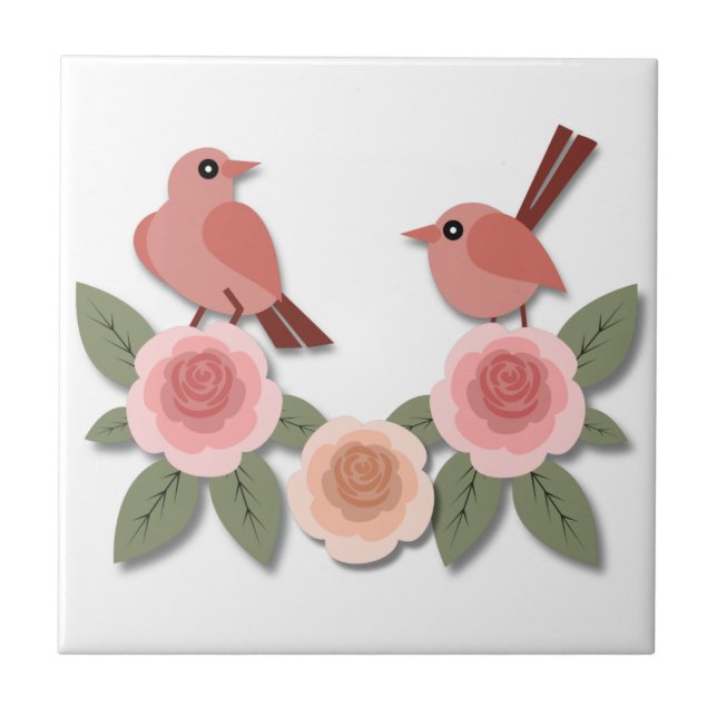 Cute Pink Love Birds and Flowering Roses Tile (Front)