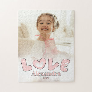 Cute Pink Love Script Custom Name Photo Overlay Jigsaw Puzzle