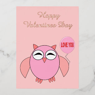 Cute Pink Love You Owl Custom Valentines Day Foil Holiday Postcard