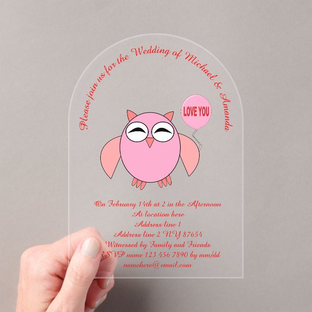 Cute Pink Love You Owl Custom Wedding Acrylic Invitations (Insitu (Handheld))