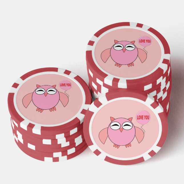 Cute Pink Love You Owl Poker Chips (Stack)