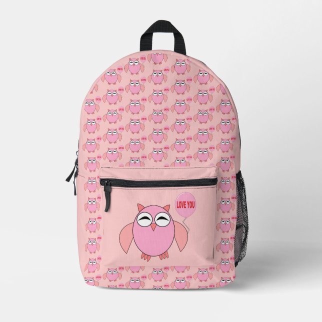 Cute Pink Love You Owl Printed Backpack (Front)