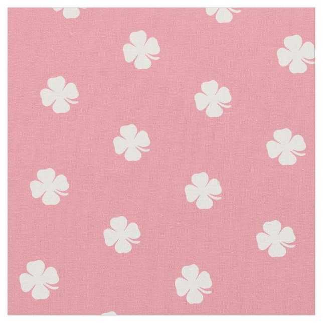 Cute Pink Lucky Clover White Dots Pattern  Fabric (Close Up)