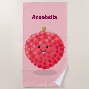 Cute pink lychee cartoon illustration beach towel