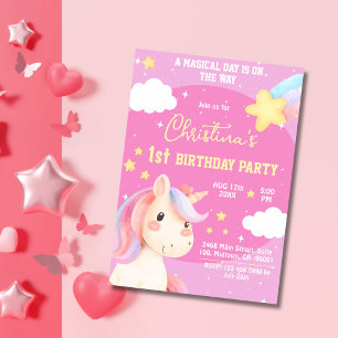 Cute pink magical modern unicorn star 1st birthday invitation