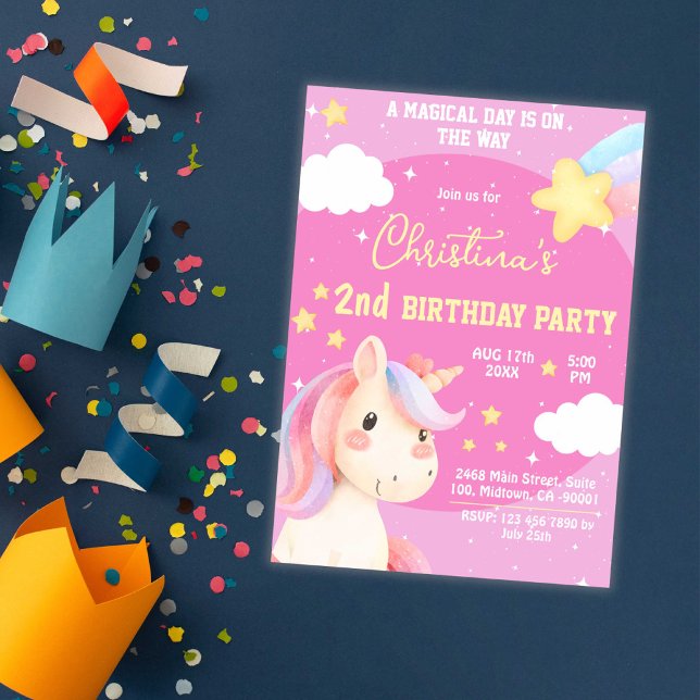Cute pink magical modern unicorn star 2nd birthday invitation (Creator Uploaded)