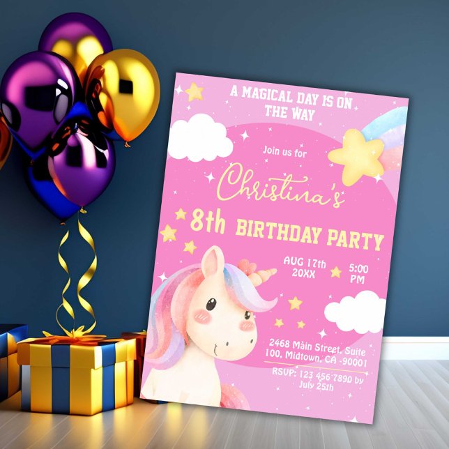 Cute pink magical modern unicorn star 8th birthday invitation (Creator Uploaded)