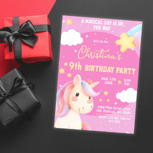 Cute pink magical modern unicorn star 9th birthday invitation