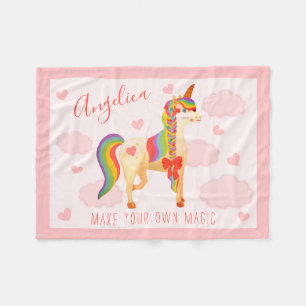 Cute Pink Magical Rainbow Unicorn in Clouds Fleece Blanket
