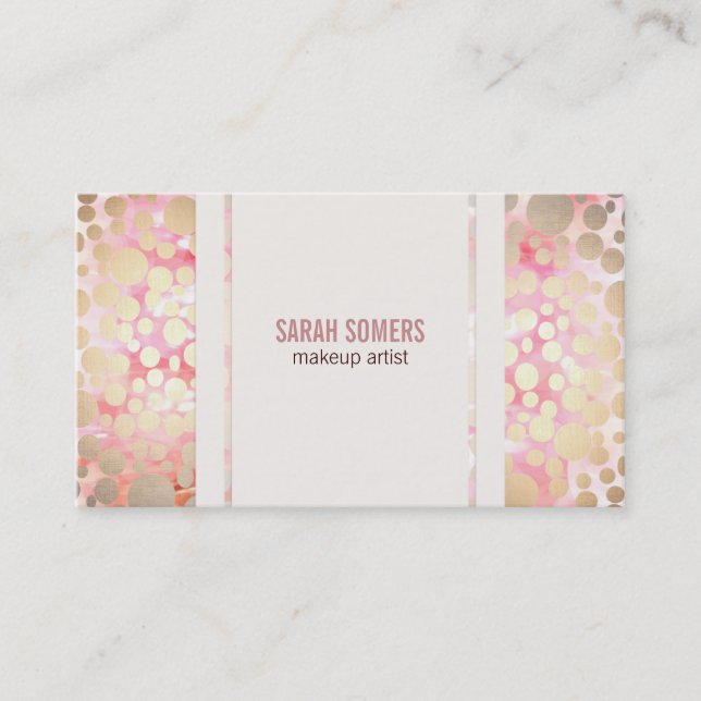 Cute Pink Makeup Artist Gold Circle Pattern Business Card (Front)