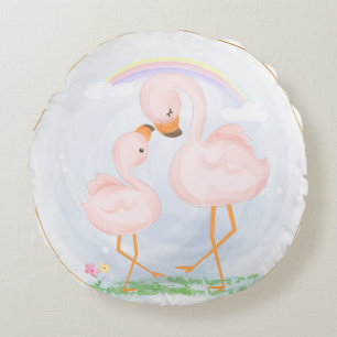 CUTE PINK MAMA AND BABY FLAMINGOS ROUND CUSHION