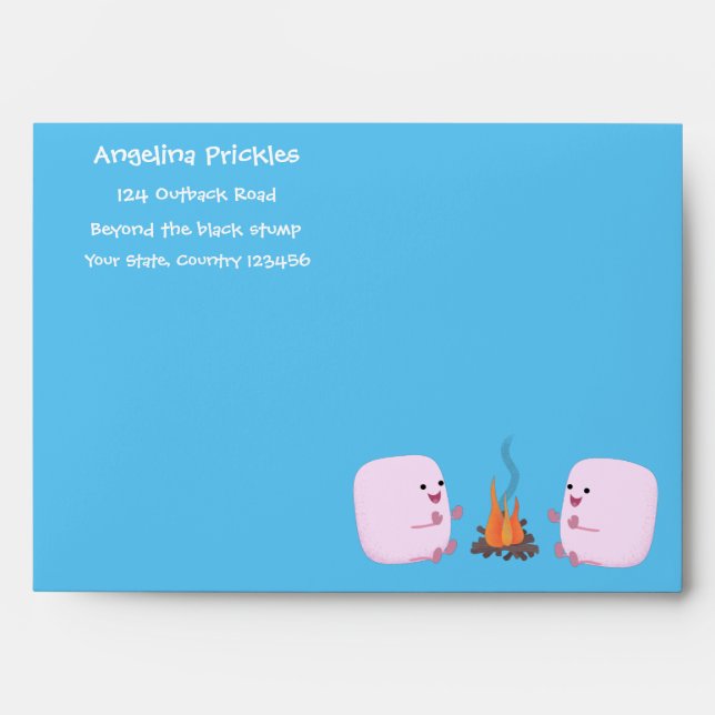 Cute pink marshmallows by camp fire cartoon envelope (Front)