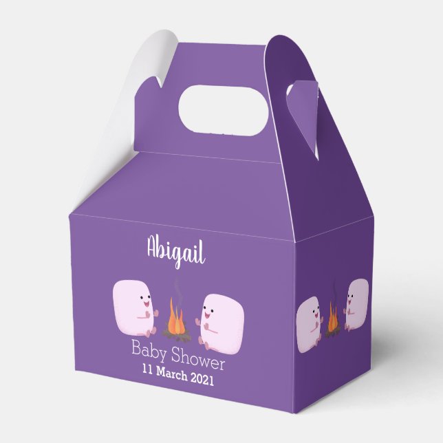Cute pink marshmallows by camp fire cartoon favour box (Front Side)