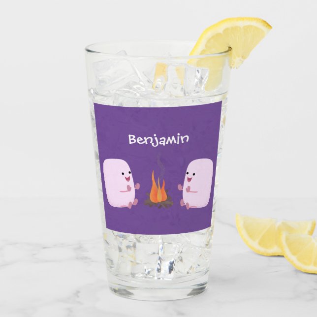 Cute pink marshmallows by camp fire cartoon glass (Back Ice)
