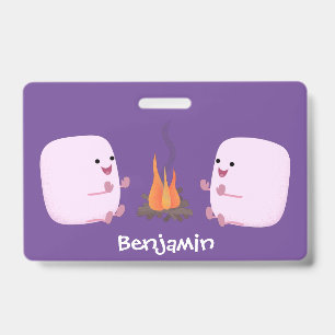 Cute pink marshmallows by camp fire cartoon ID badge