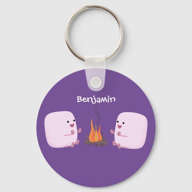 Cute pink marshmallows by camp fire cartoon key ring (Front)