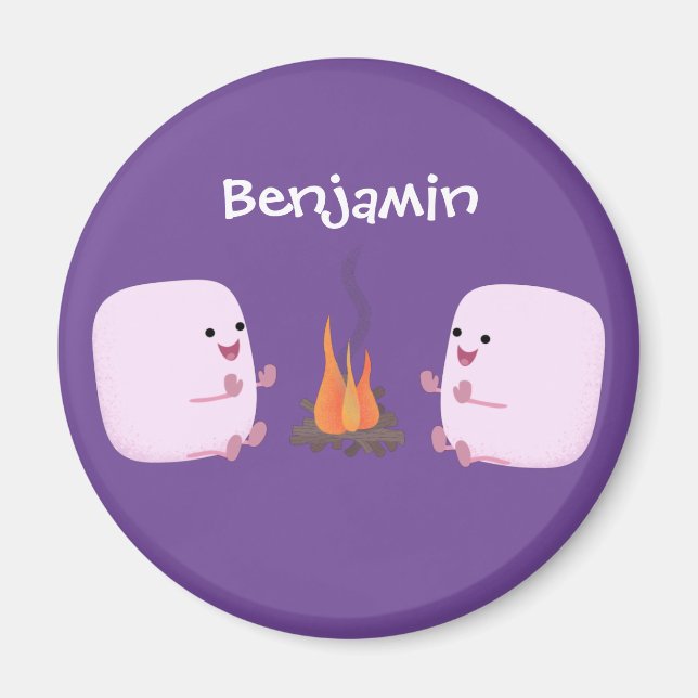 Cute pink marshmallows by camp fire cartoon magnet (Front)