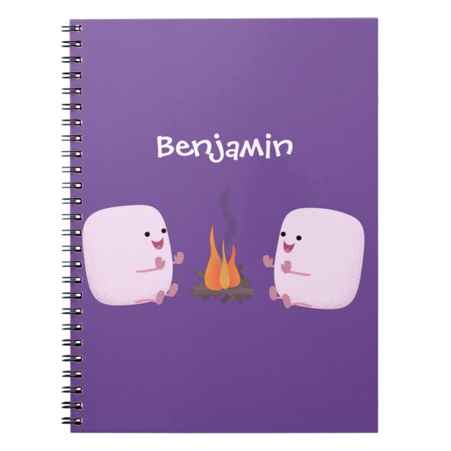 Cute pink marshmallows by camp fire cartoon notebook (Front)