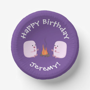 Cute pink marshmallows by camp fire cartoon paper plate